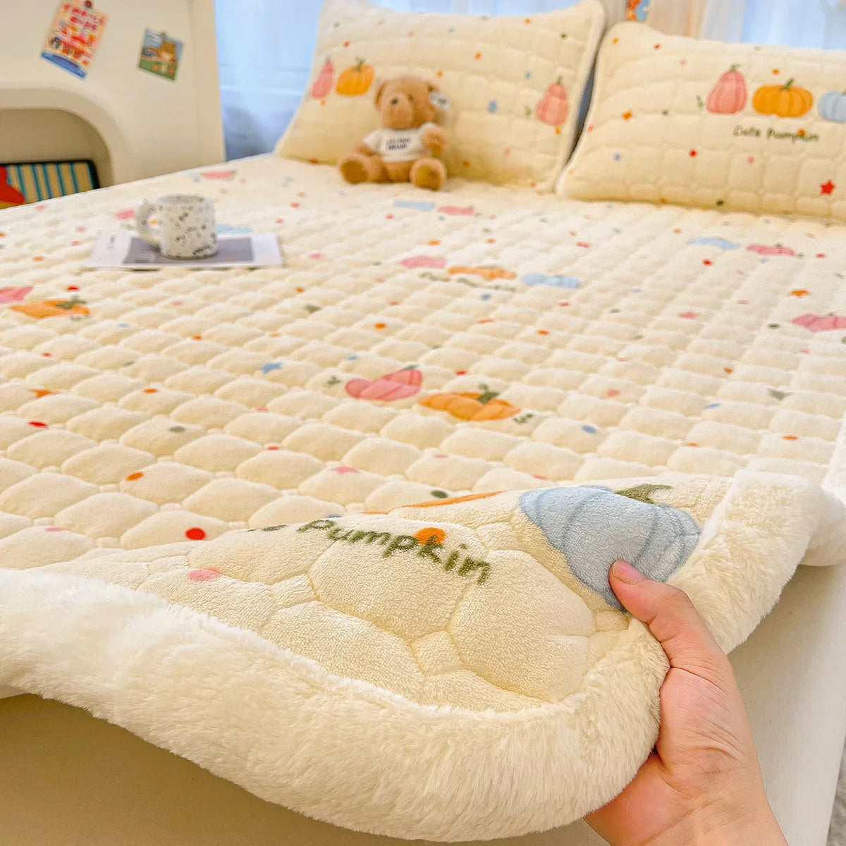 Matracová podložka Cozy Dreams pro děti — fialová, roztomilý kreslený motiv, prošívaná výplň