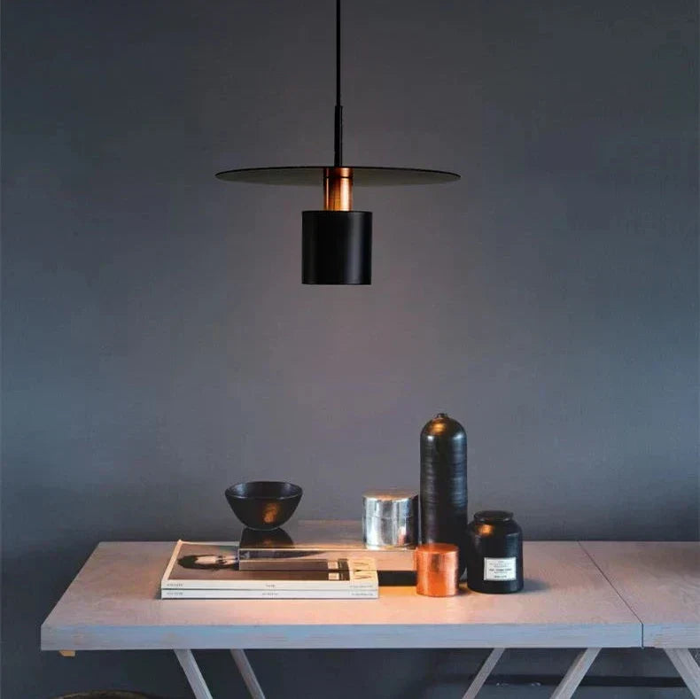 Modern Minimalist Pendant Ceiling Light — Cylindrical Frame, Floating Disc Diffuser