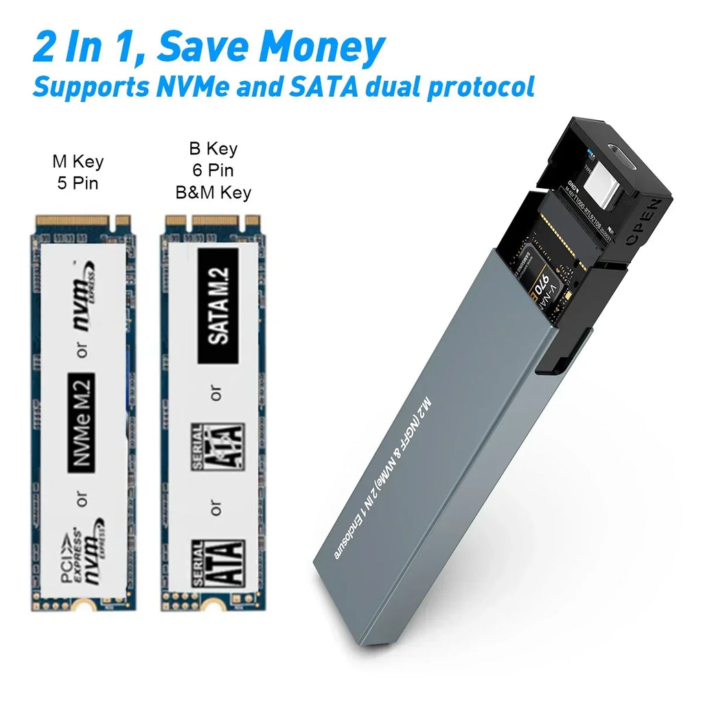 Pouzdro pro SSD NVMe a SATA — USB C, přenosová rychlost 10 Gb/s, tenké kovové tělo