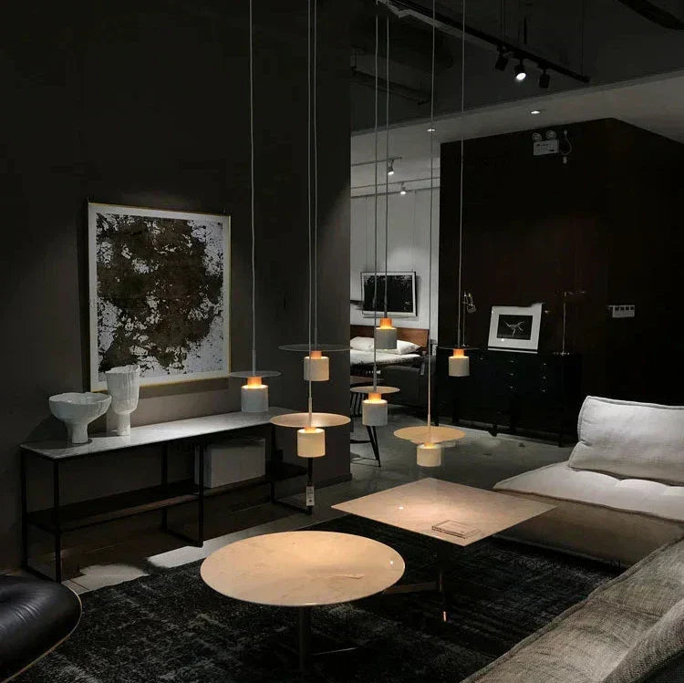 Modern Minimalist Pendant Ceiling Light — Cylindrical Frame, Floating Disc Diffuser