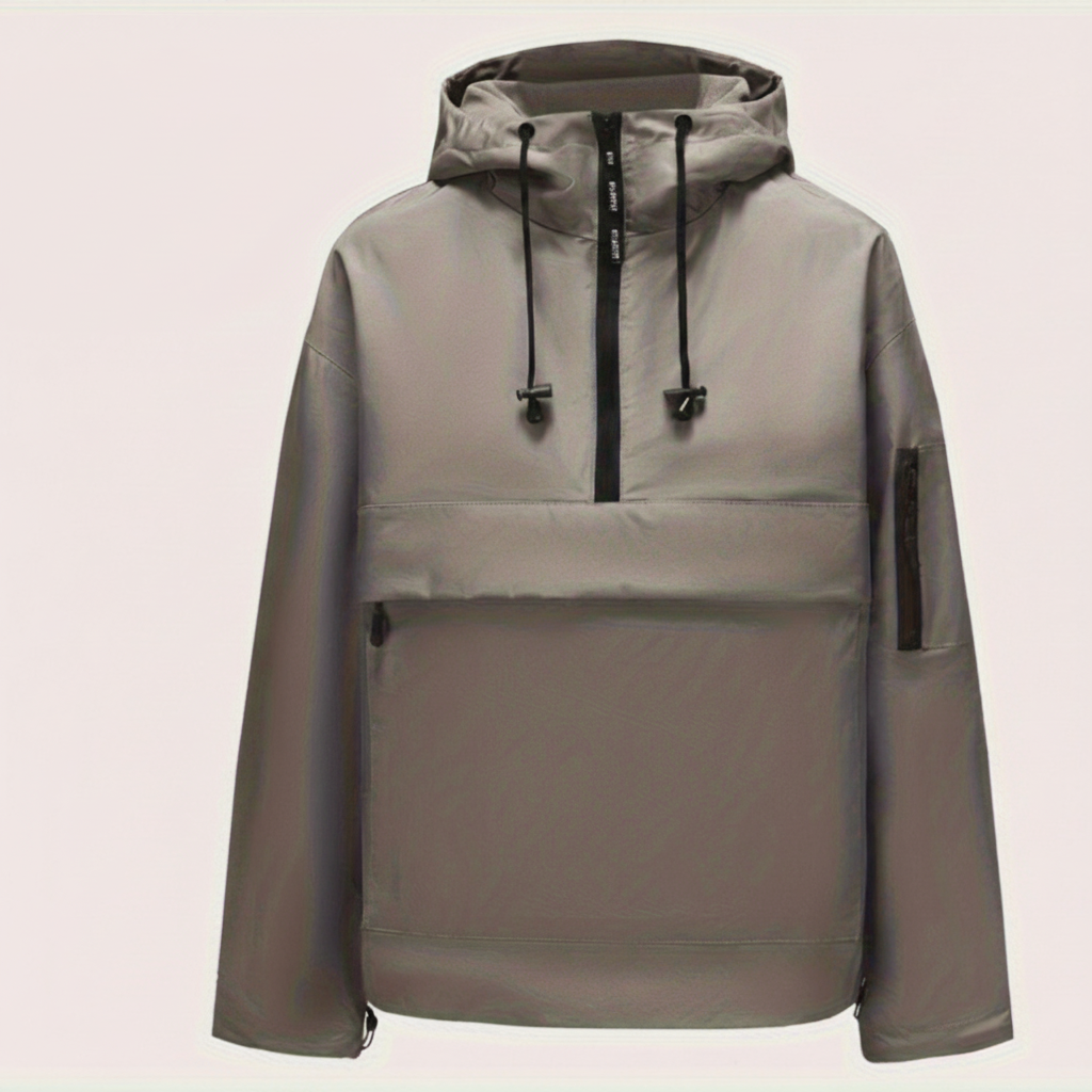 Casual Quarter-Zip Hooded Jacket — Soft Insulated Fabric, Front Zippered Pocket