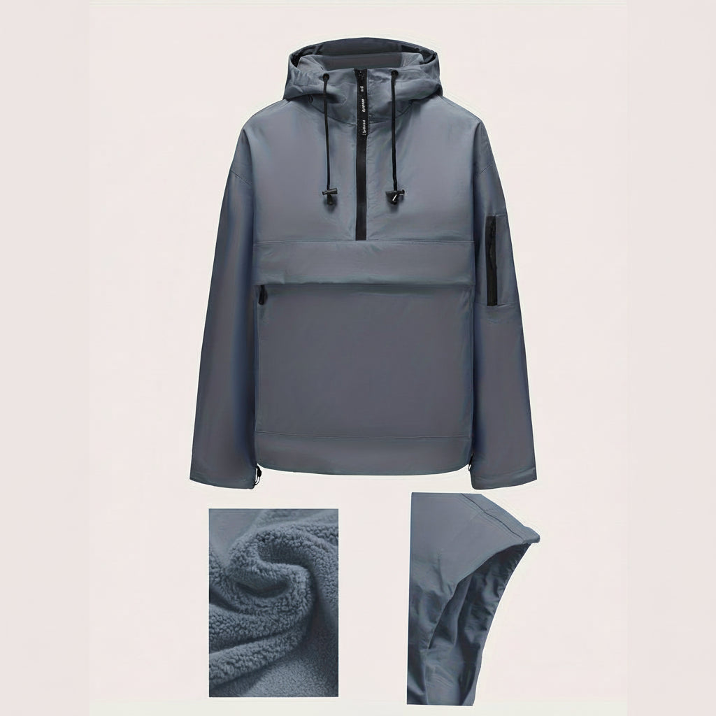 Casual Quarter-Zip Hooded Jacket — Soft Insulated Fabric, Front Zippered Pocket