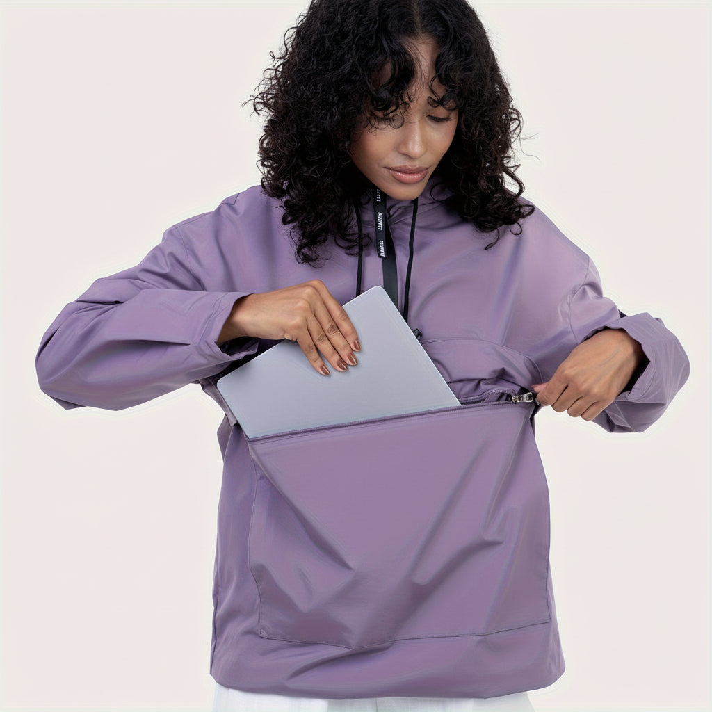 Casual Quarter-Zip Hooded Jacket — Soft Insulated Fabric, Front Zippered Pocket