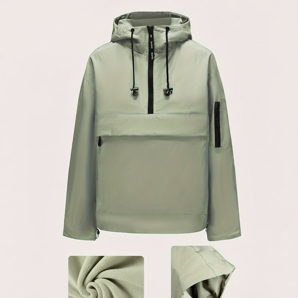 Casual Quarter-Zip Hooded Jacket — Soft Insulated Fabric, Front Zippered Pocket