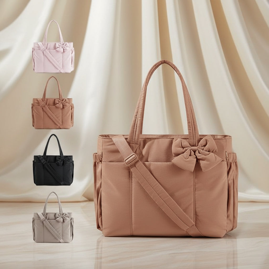 Sac cabas en nylon légèrement rembourré - nœud décoratif, texture tressée