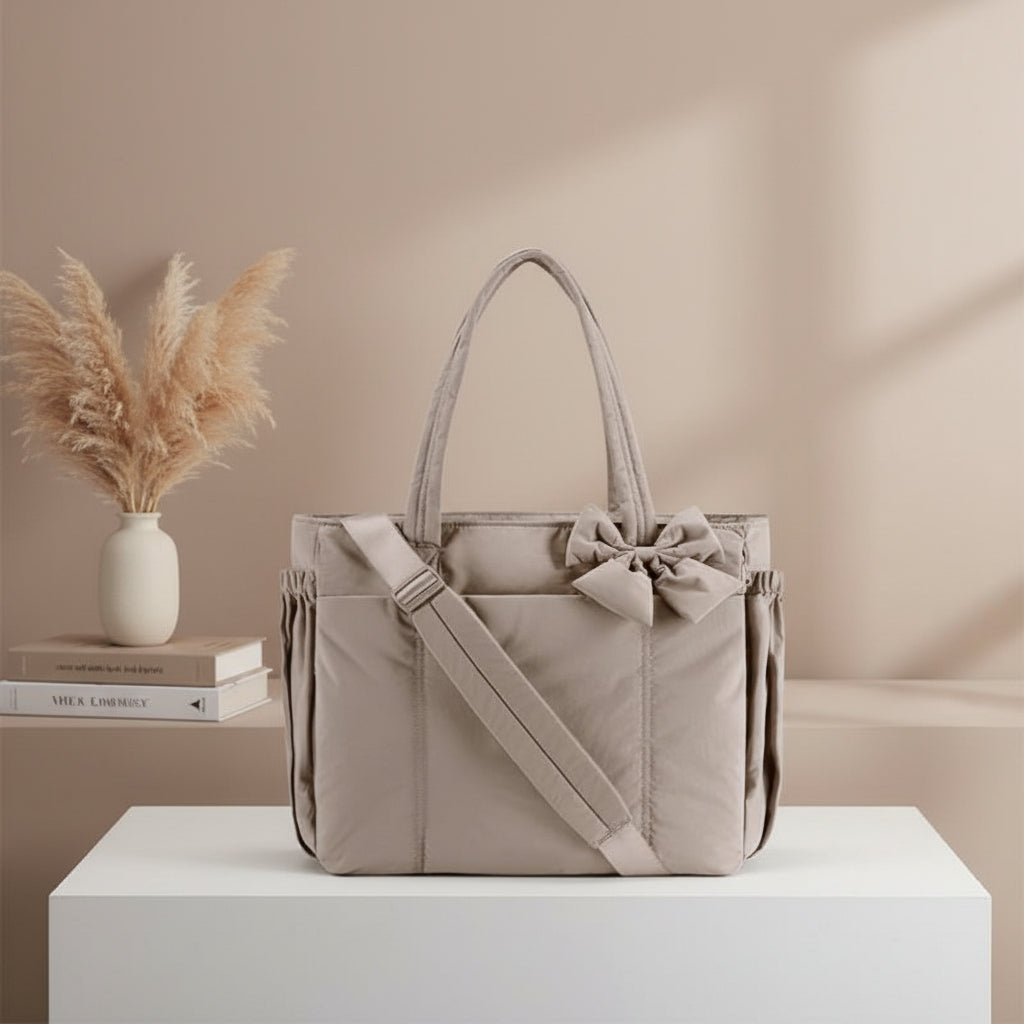 Sac cabas en nylon légèrement rembourré - nœud décoratif, texture tressée