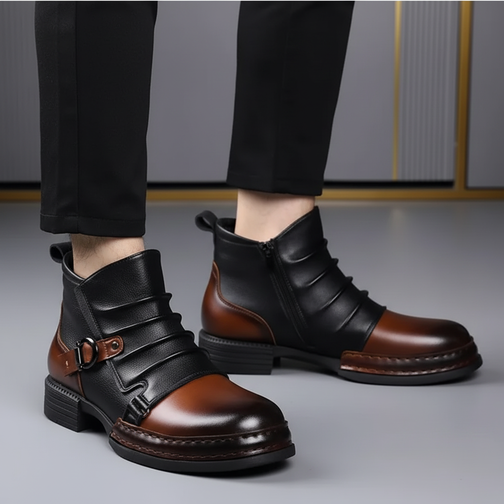 Ankelboots i fullnarvigt läder för herr — sidodragkedja och spänne med rem