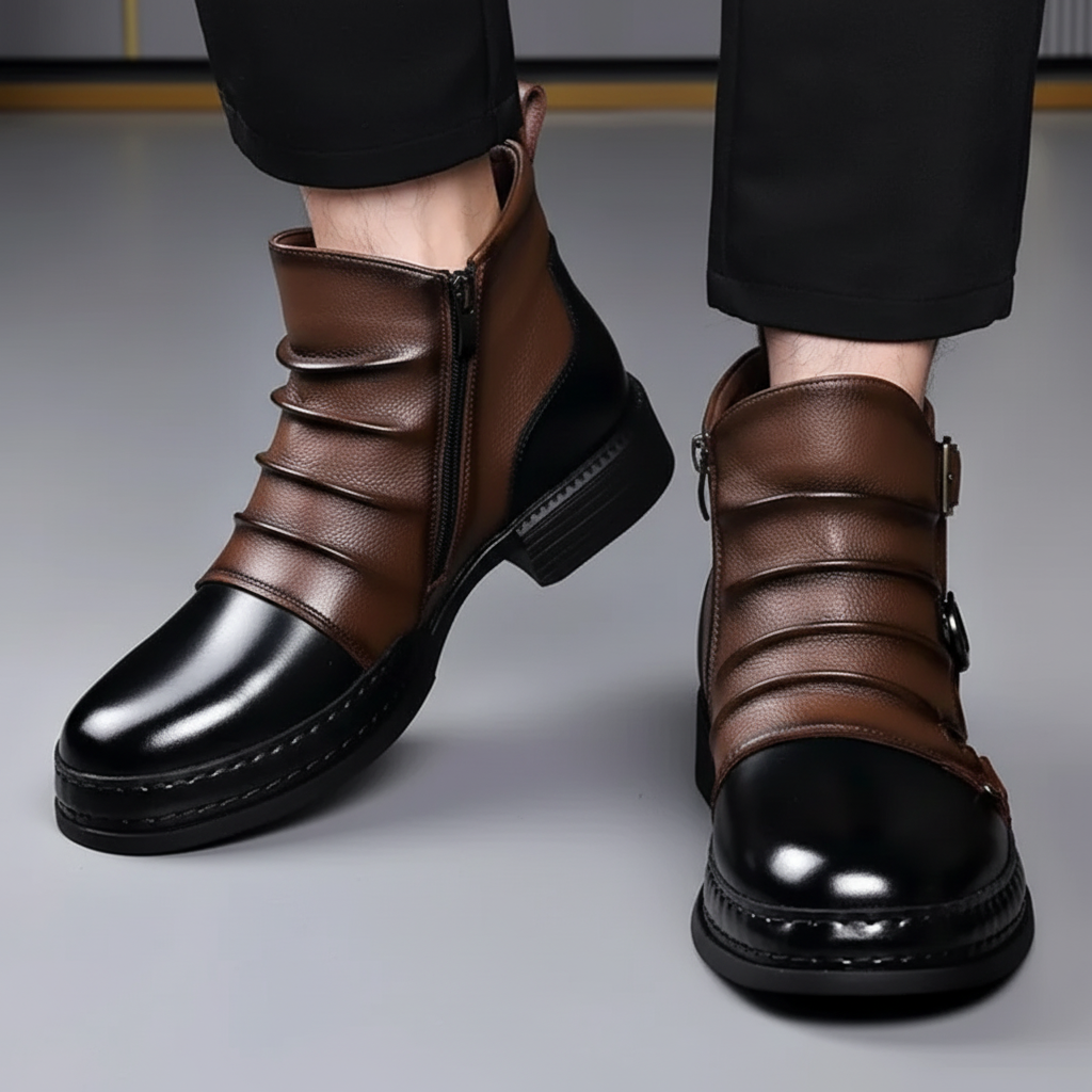 Ankelboots i fullnarvigt läder för herr — sidodragkedja och spänne med rem