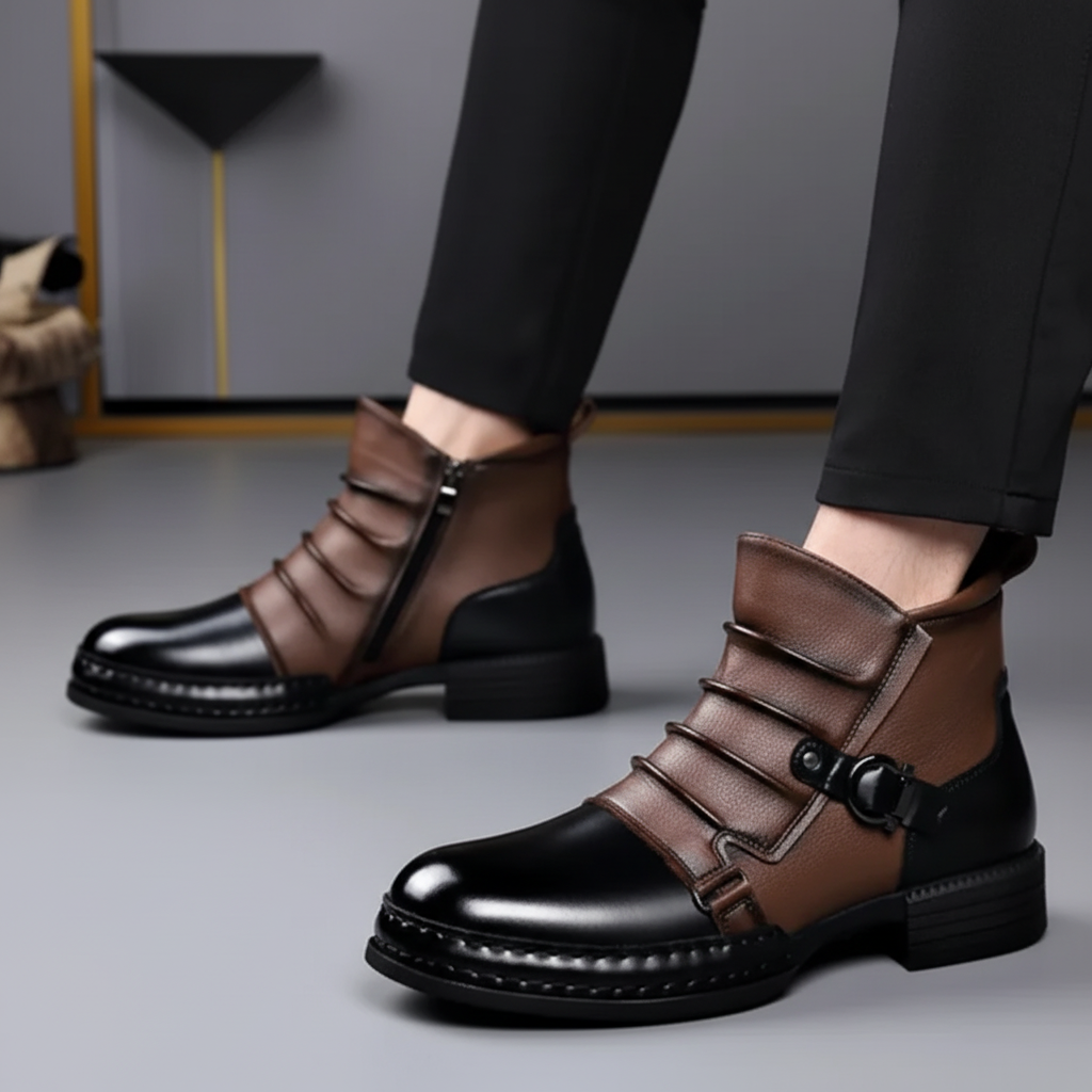 Ankelboots i fullnarvigt läder för herr — sidodragkedja och spänne med rem