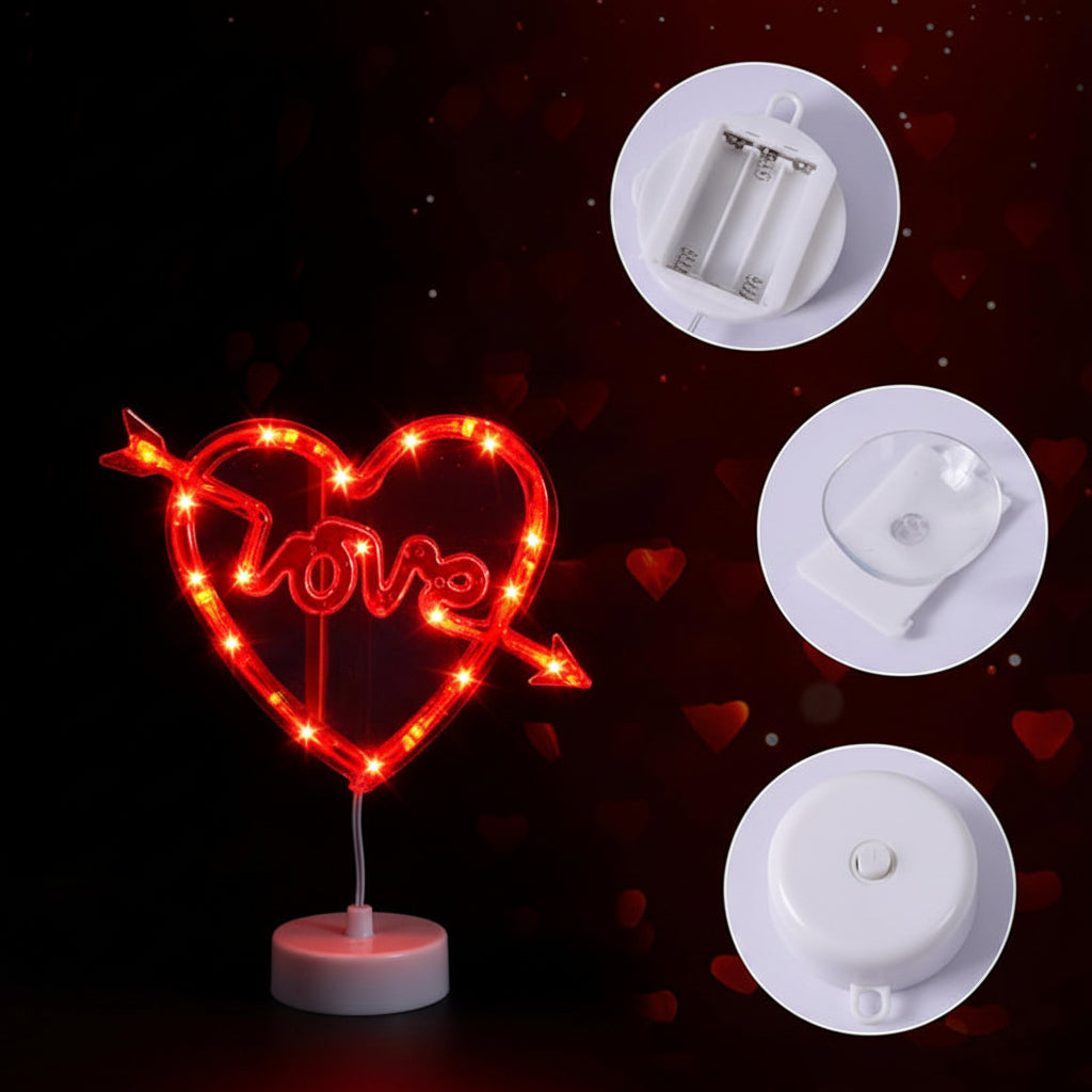 Luces LED de panel en forma de corazón — Alimentadas por batería, ventosa, brillo carmesí suave