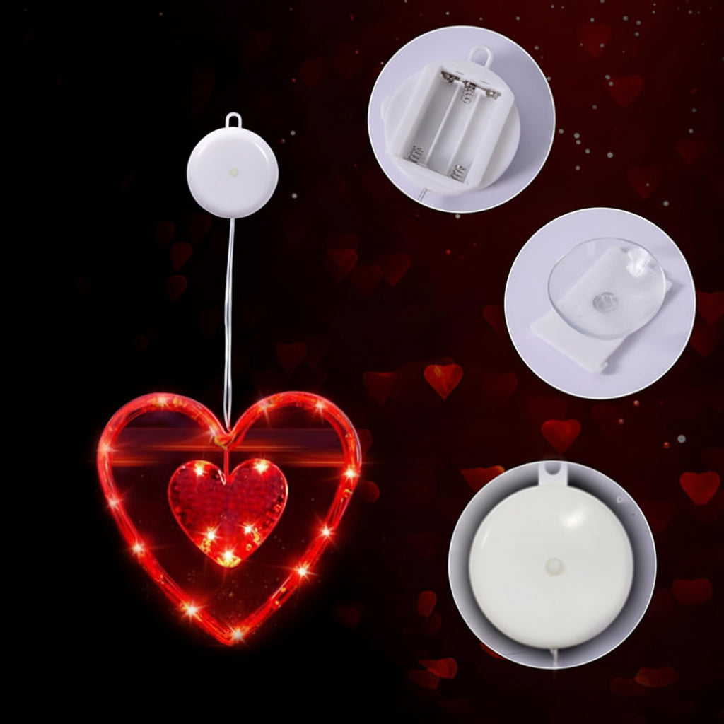 Luces LED de panel en forma de corazón — Alimentadas por batería, ventosa, brillo carmesí suave