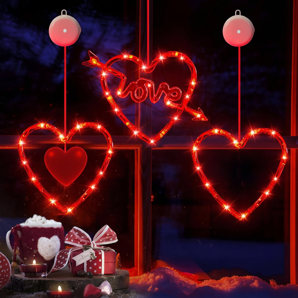 Luces LED de panel en forma de corazón — Alimentadas por batería, ventosa, brillo carmesí suave