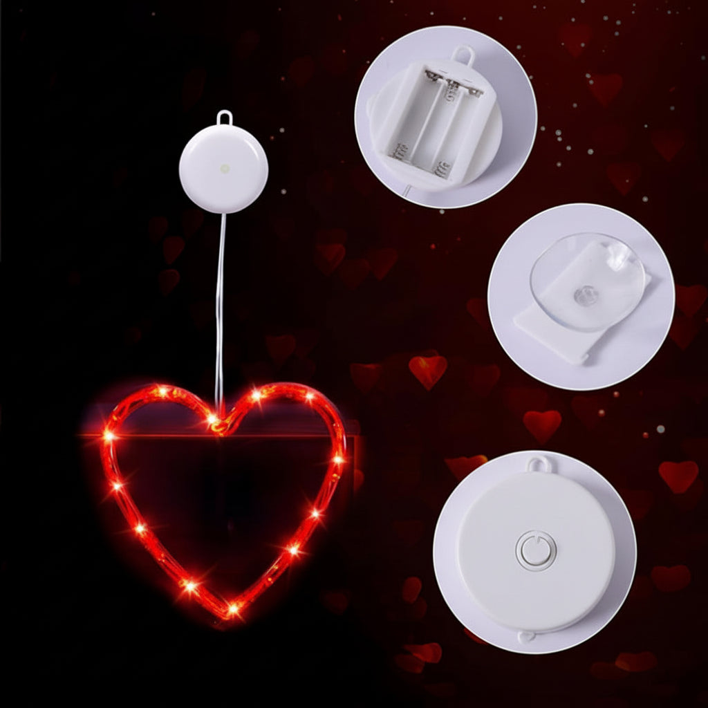 Luces LED de panel en forma de corazón — Alimentadas por batería, ventosa, brillo carmesí suave