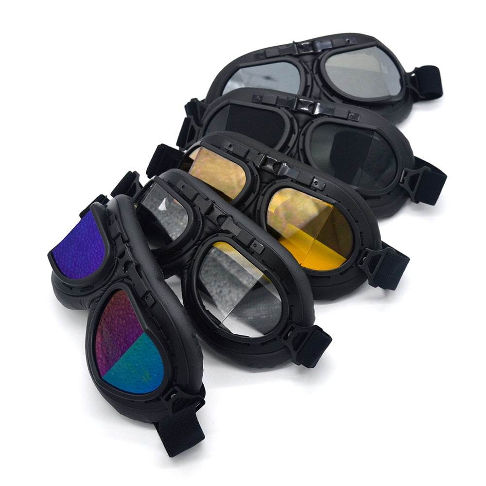 Black Steampunk Motorcycle Goggles — Foldable Aviator Design
