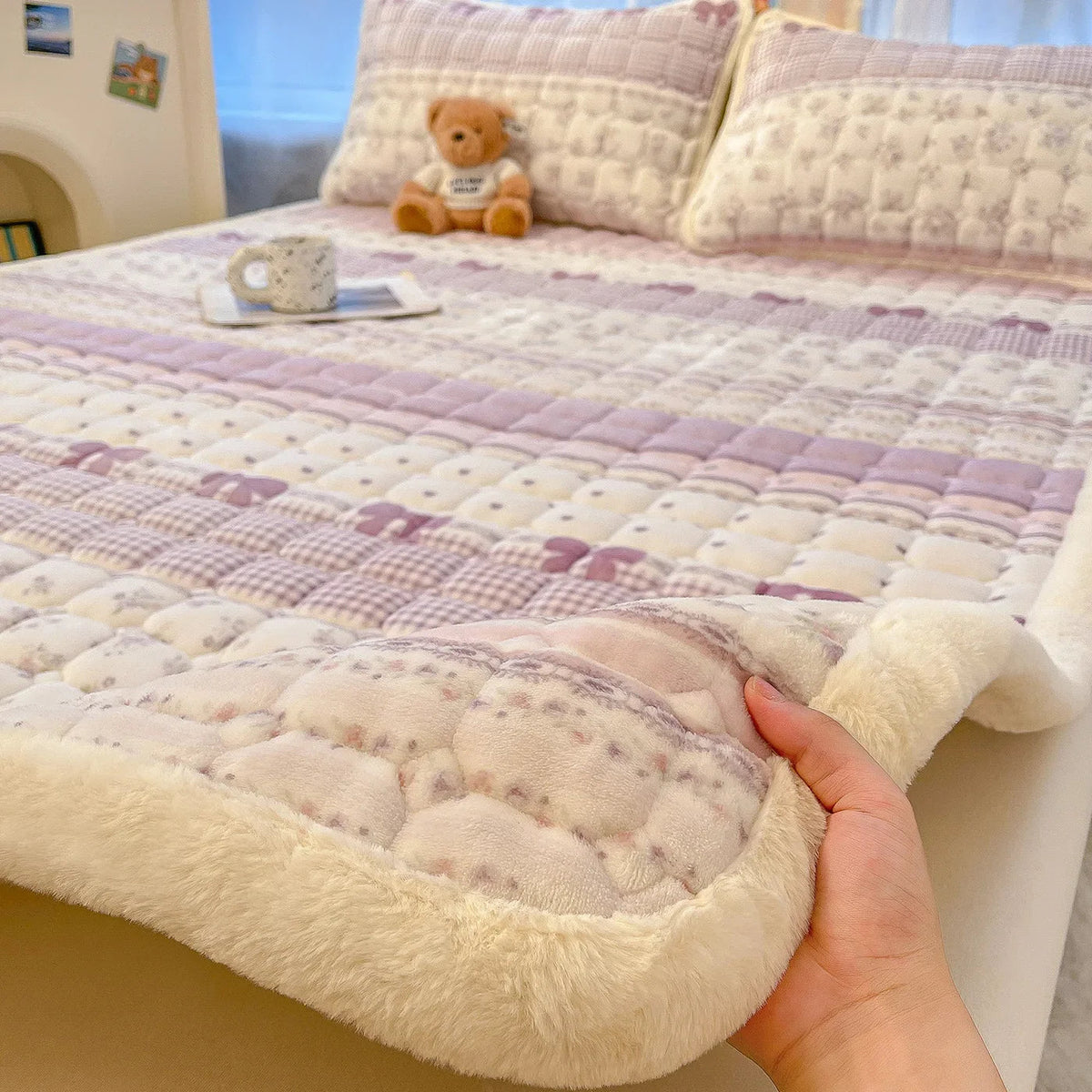 Matracová podložka Cozy Dreams pro děti — fialová, roztomilý kreslený motiv, prošívaná výplň