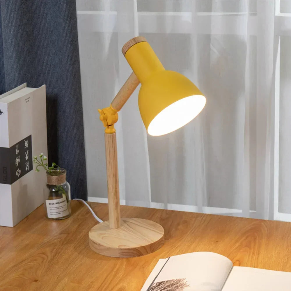 Nordic Rubberwood Desk Lamp — Adjustable Head, Colorful Shade