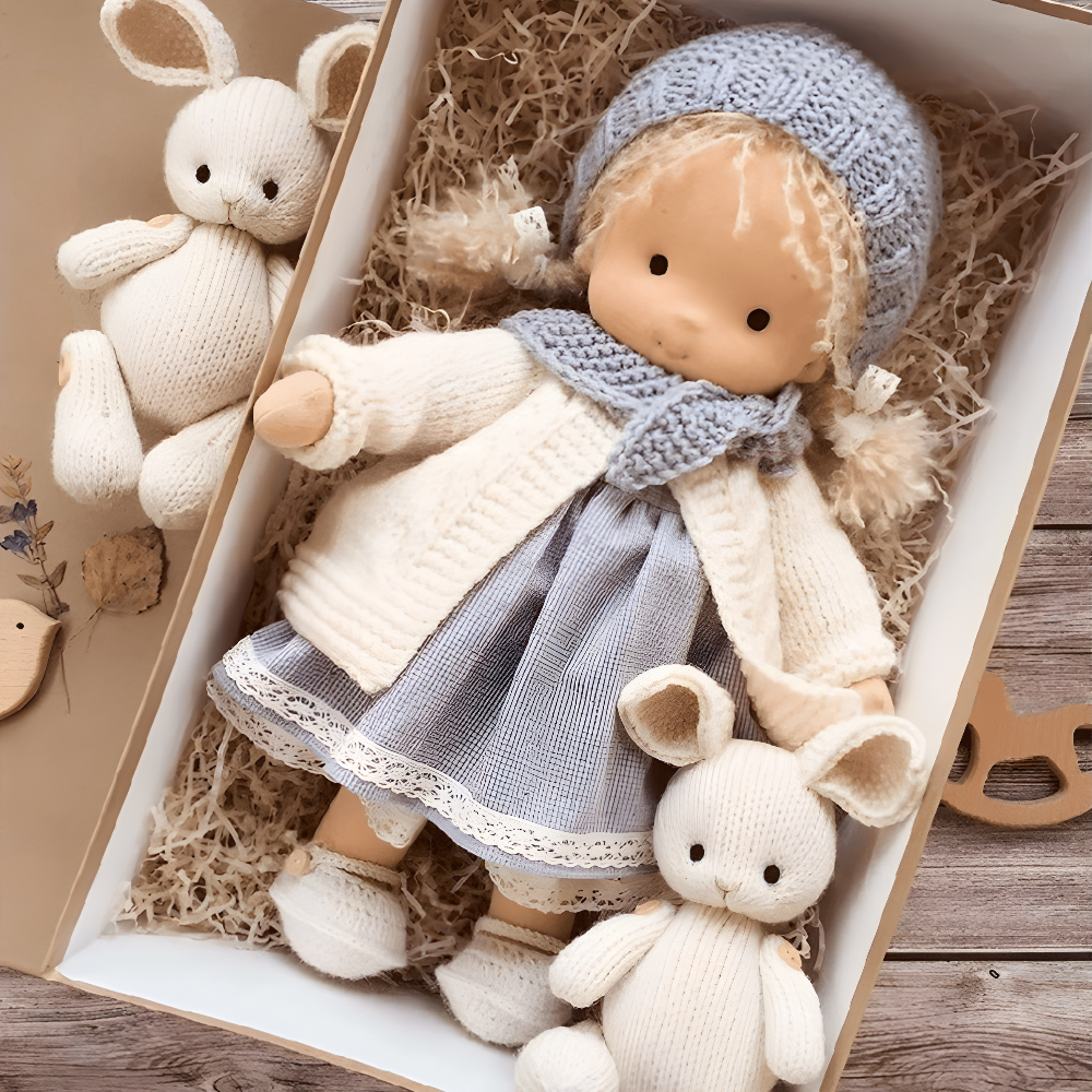 Handgefertigte Stoffpuppe für fantasievolles Spielen, Geschenkbox | Meowbutter