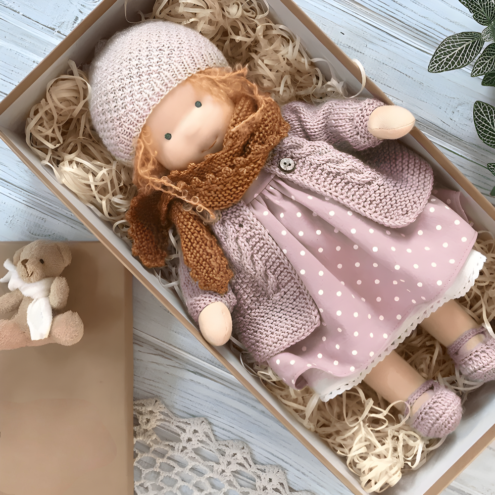 Handgefertigte Stoffpuppe für fantasievolles Spielen, Geschenkbox | Meowbutter