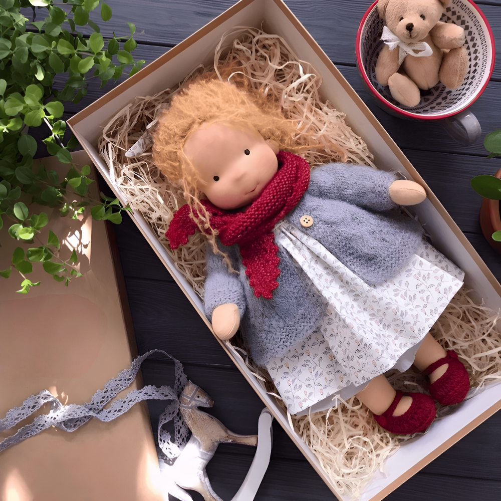 Handgefertigte Stoffpuppe für fantasievolles Spielen, Geschenkbox | Meowbutter
