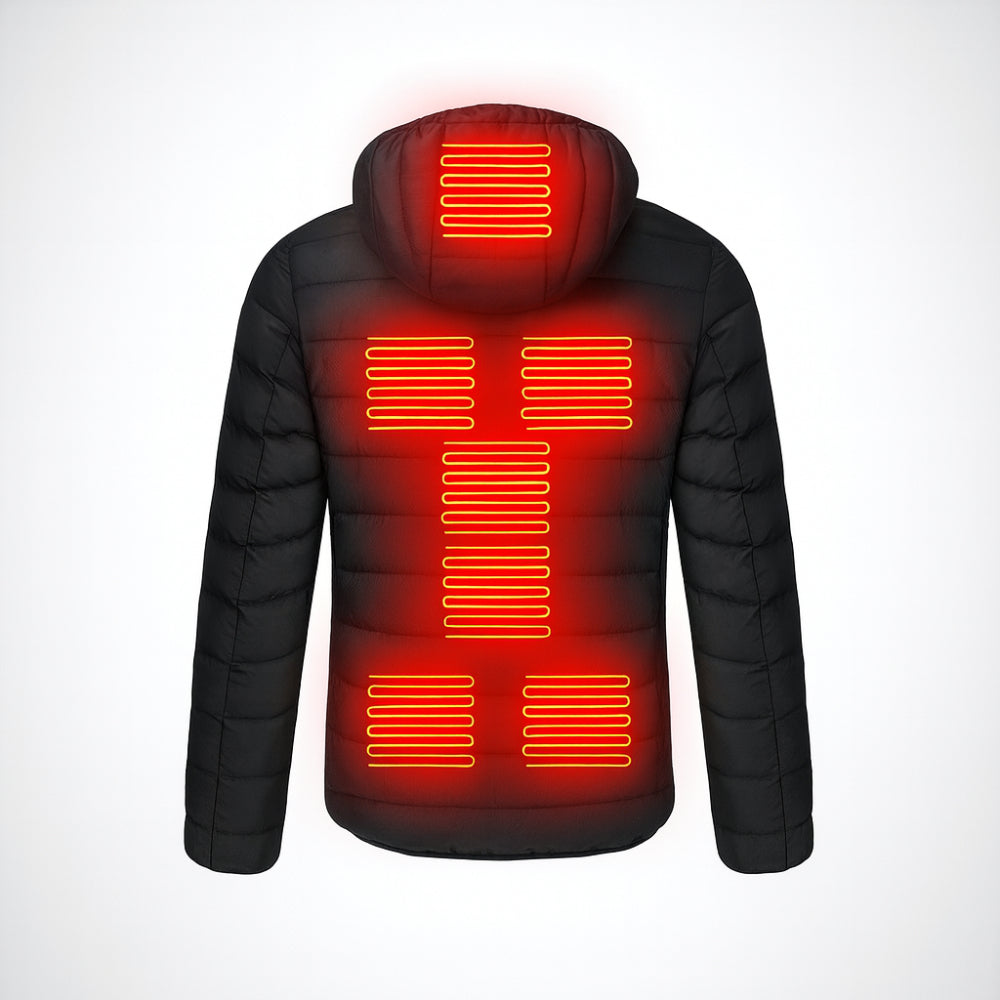 Vyhřívaná outdoorová bunda — dvojité vyhřívání hrudníku a páteře, zóny s teplotou 130 °F, výdrž 10 hodin
