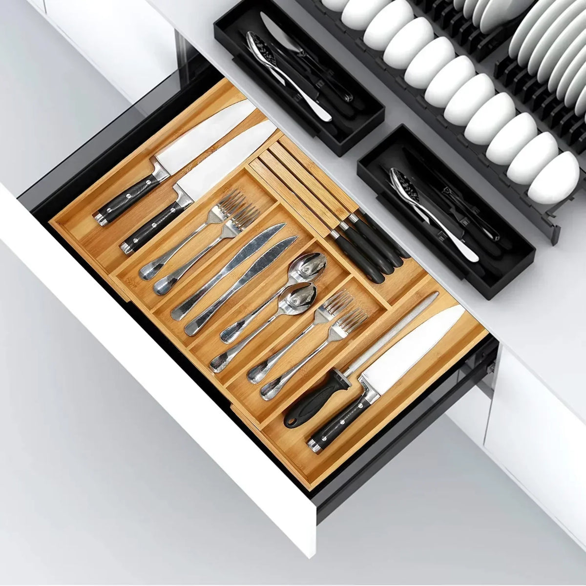 EcoHome bambusový organizér do zásuvky — rozšiřitelný design, nastavitelná přihrádka na příbory, přesnost ±1 mm