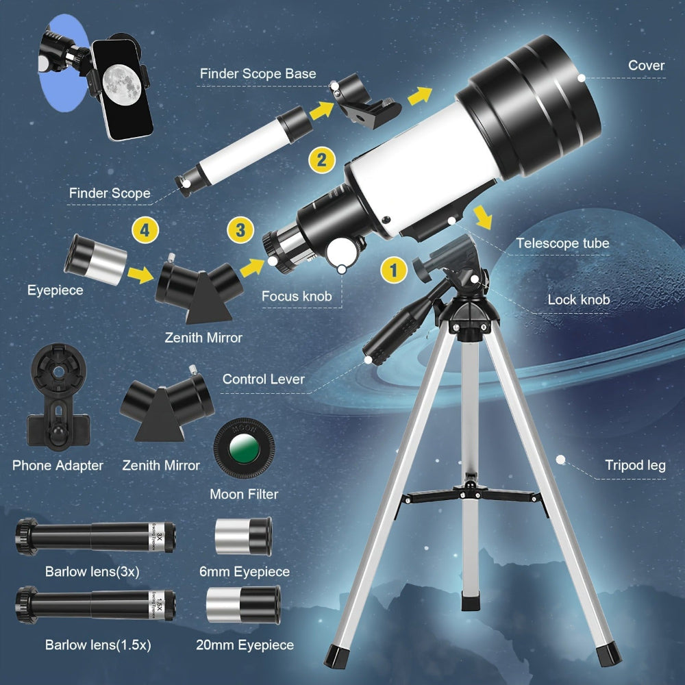 Začátečnická sada přenosného refraktorového dalekohledu 70mm