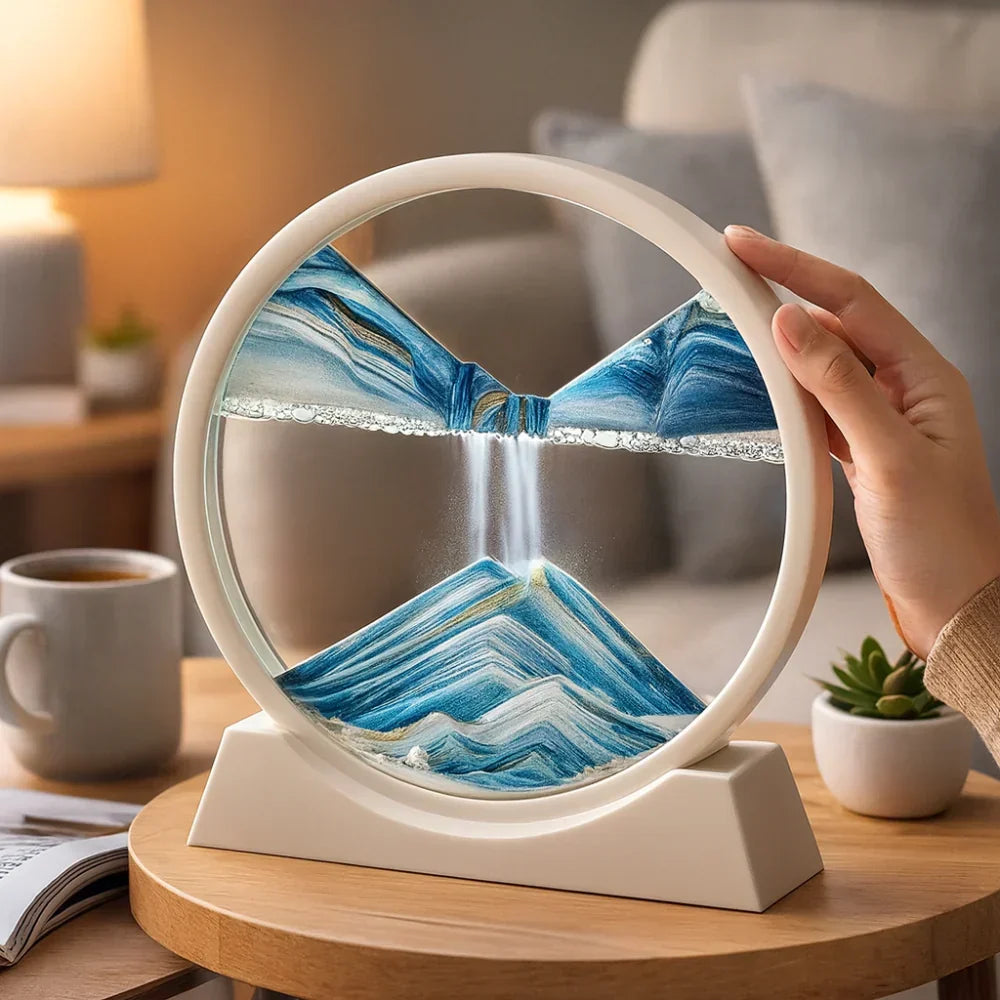 Stolní socha z pohyblivého písku ve skleněném rámu — nakláněný 3D vodopád minerálních vrstev
