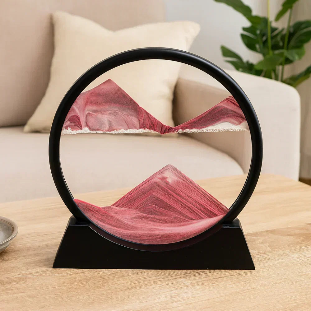 Stolní socha z pohyblivého písku ve skleněném rámu — nakláněný 3D vodopád minerálních vrstev
