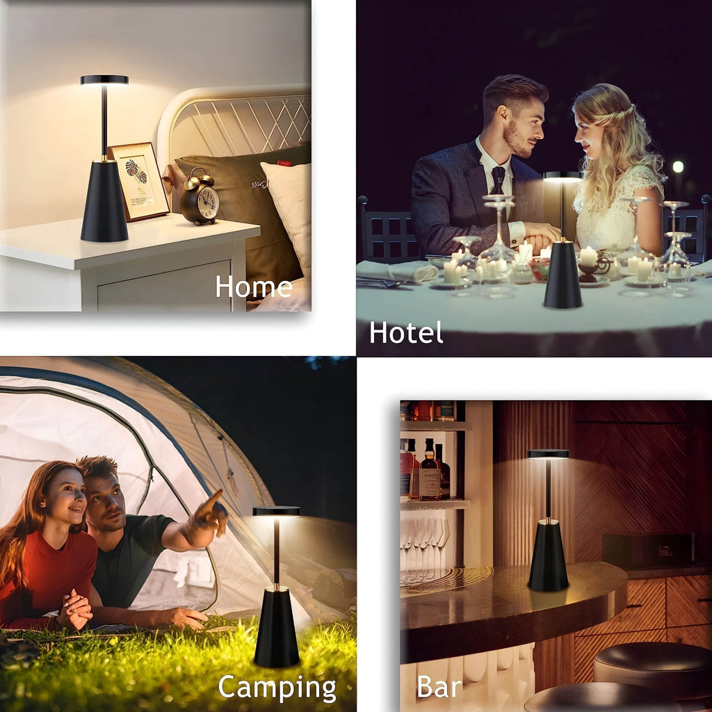Bezdrátová dobíjecí stolní LED lampa — matné kovové tělo, dotykové ovládání, kovové lemování