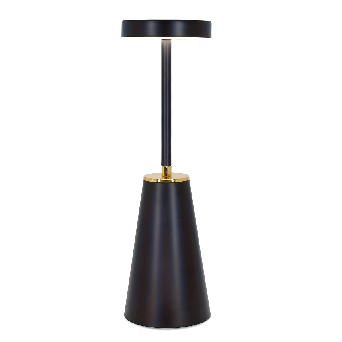 Bezdrátová dobíjecí stolní LED lampa — matné kovové tělo, dotykové ovládání, kovové lemování