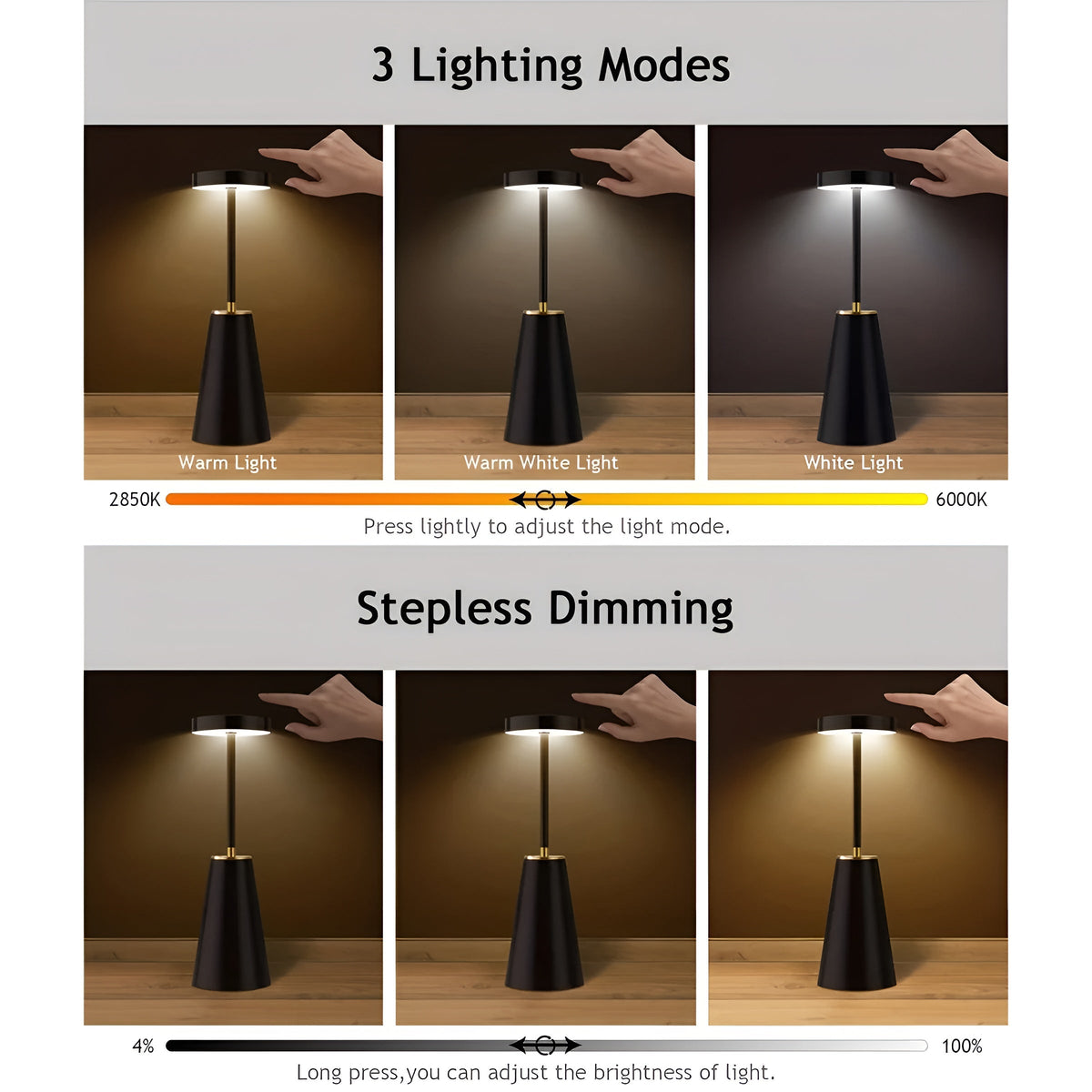 Bezdrátová dobíjecí stolní LED lampa — matné kovové tělo, dotykové ovládání, kovové lemování
