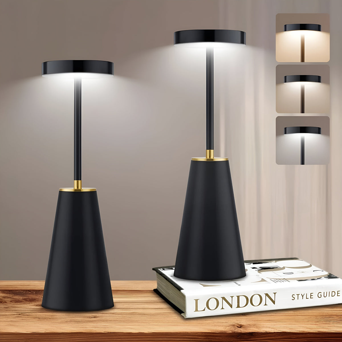 Bezdrátová dobíjecí stolní LED lampa — matné kovové tělo, dotykové ovládání, kovové lemování