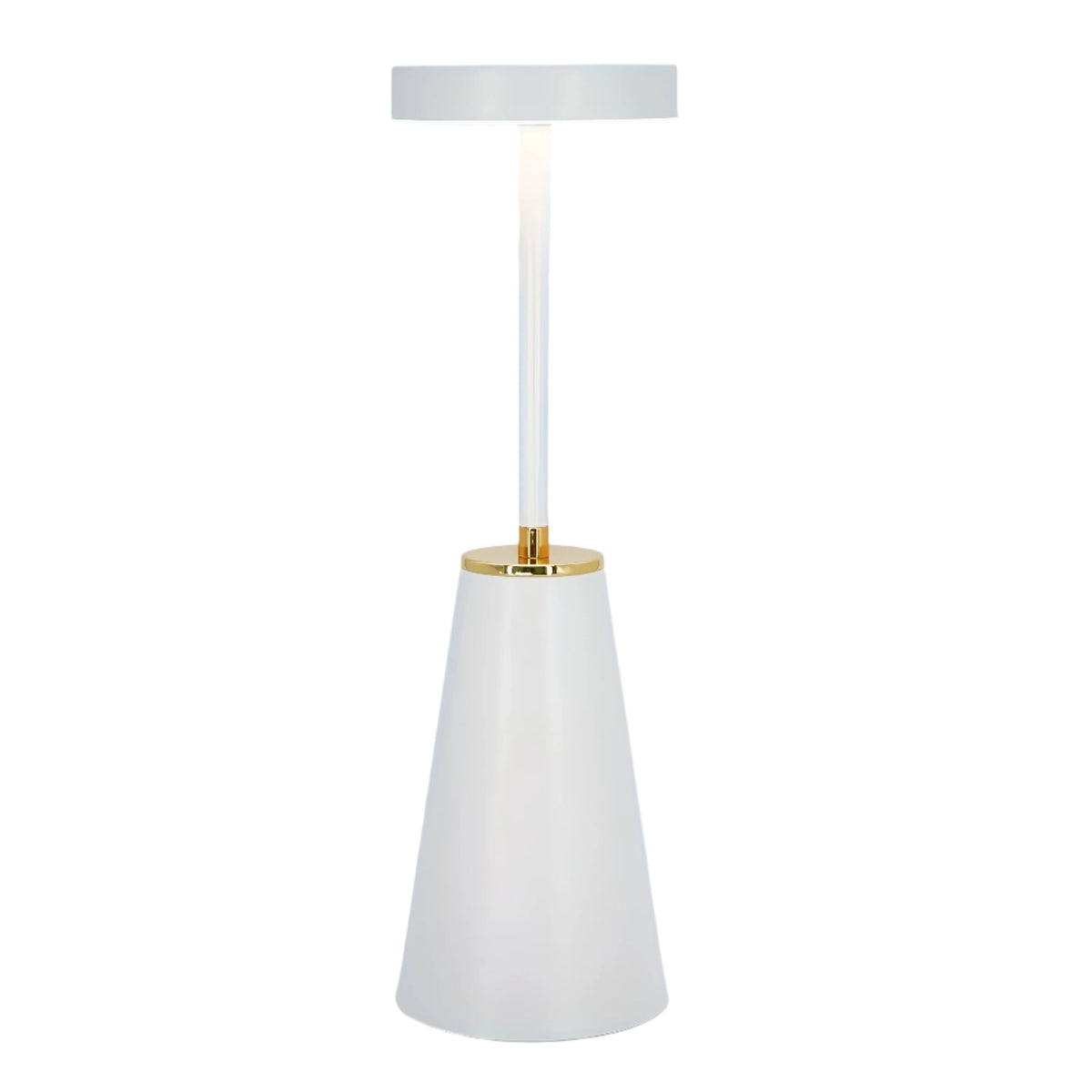 Bezdrátová dobíjecí stolní LED lampa — matné kovové tělo, dotykové ovládání, kovové lemování