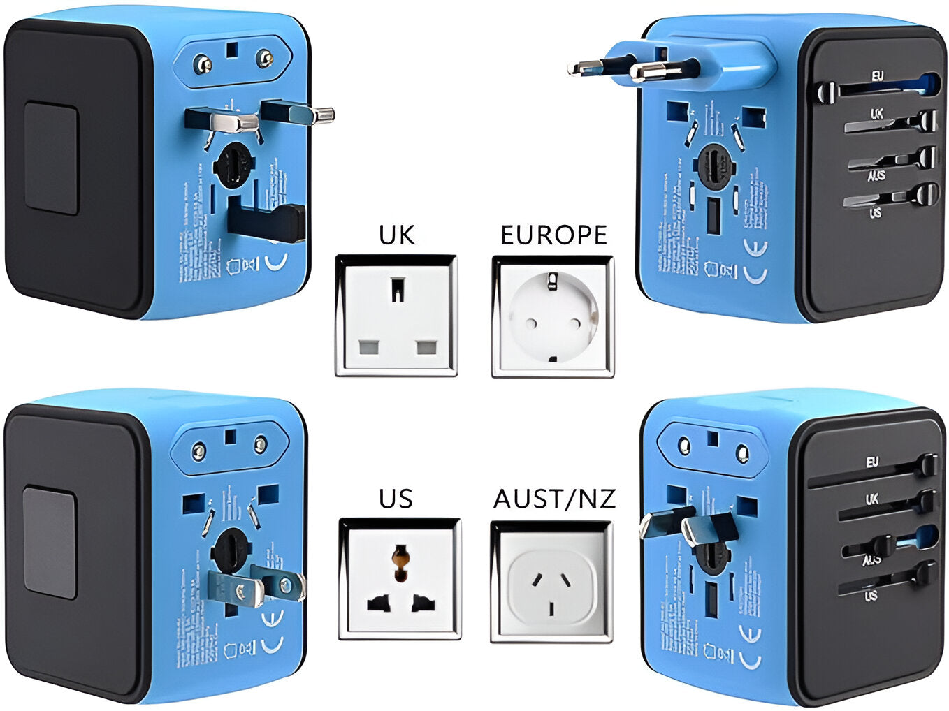 Uniwersalny adapter podróżny - ponad 150 krajów - porty USB - zabezpieczenia bezpieczeństwa - 4 kolory | meowbutter