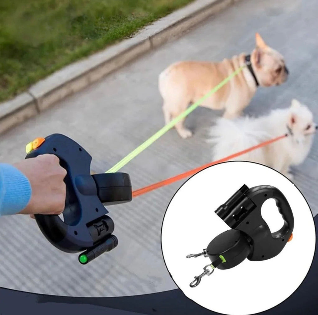 Dual Retractable Dog Leash for Walking Two Dogs with One Hand