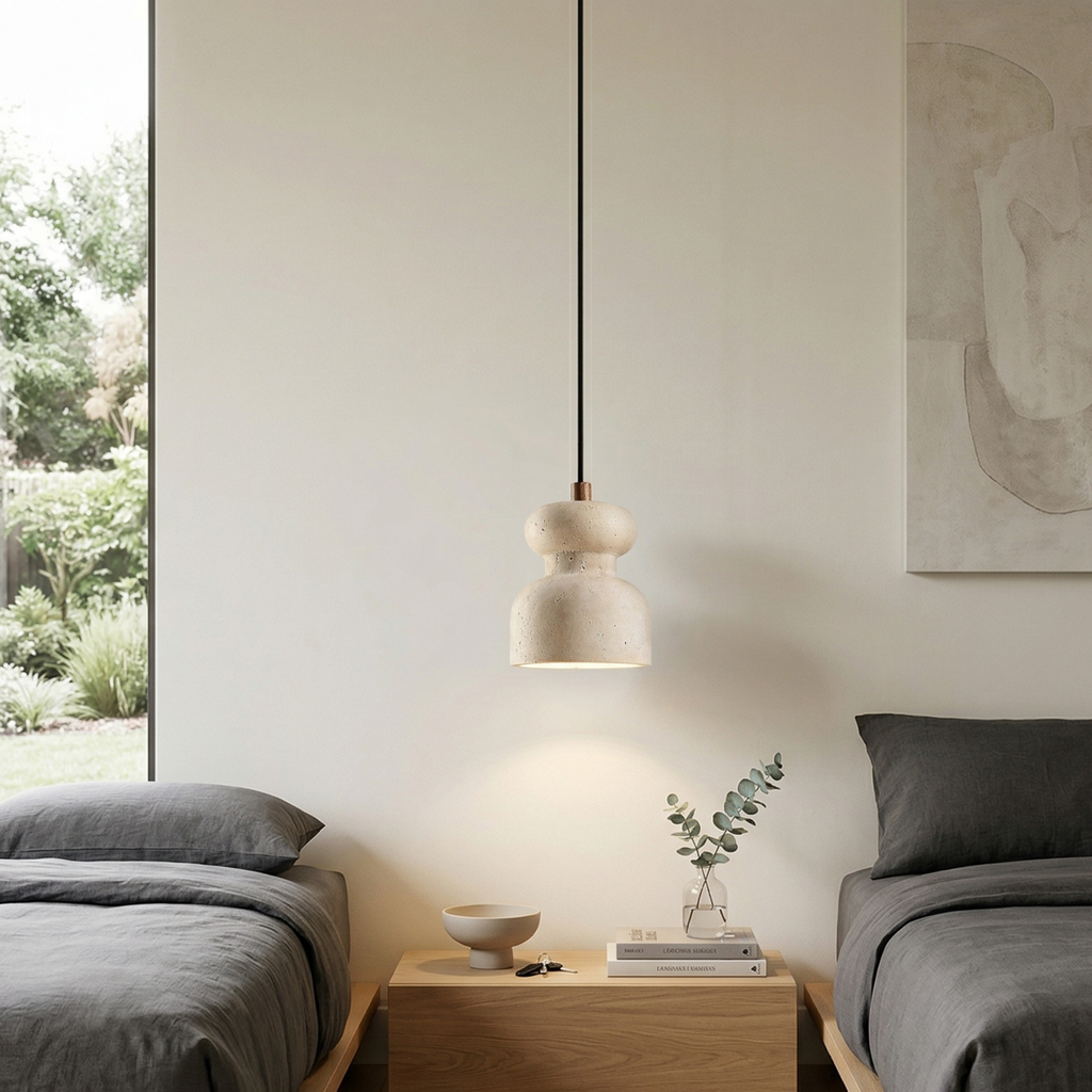 Industrial Pendant Light With Textured Travertine And Adjustable Height