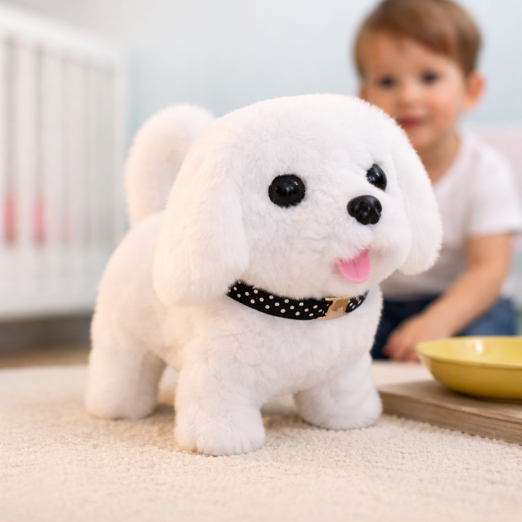 Interaktiv robotikhund i plysch – realistisk gång, svängar och ljud