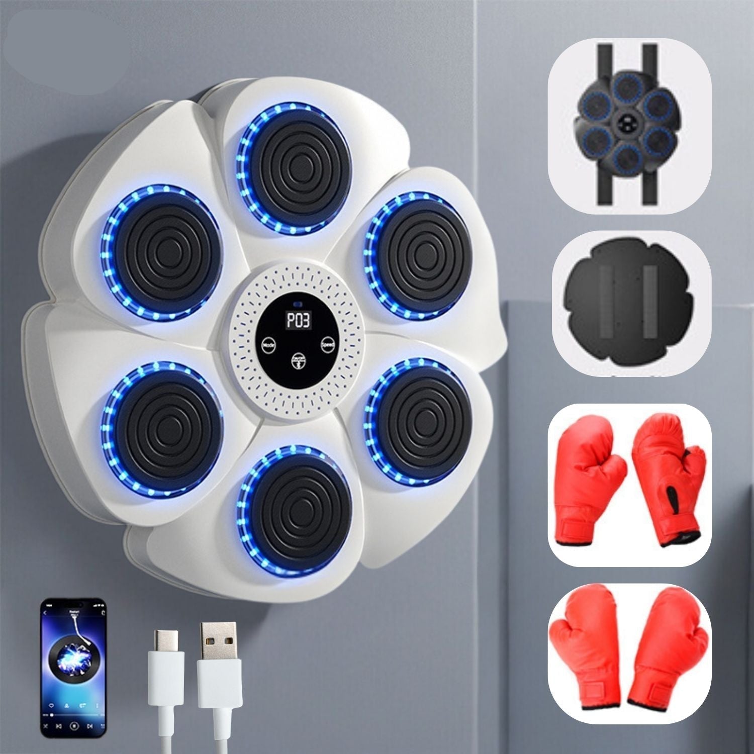 Wall-Mounted Boxing Trainer - RGB Lighting - Bluetooth - Punch Counter - USB - Black & White | meowbutter