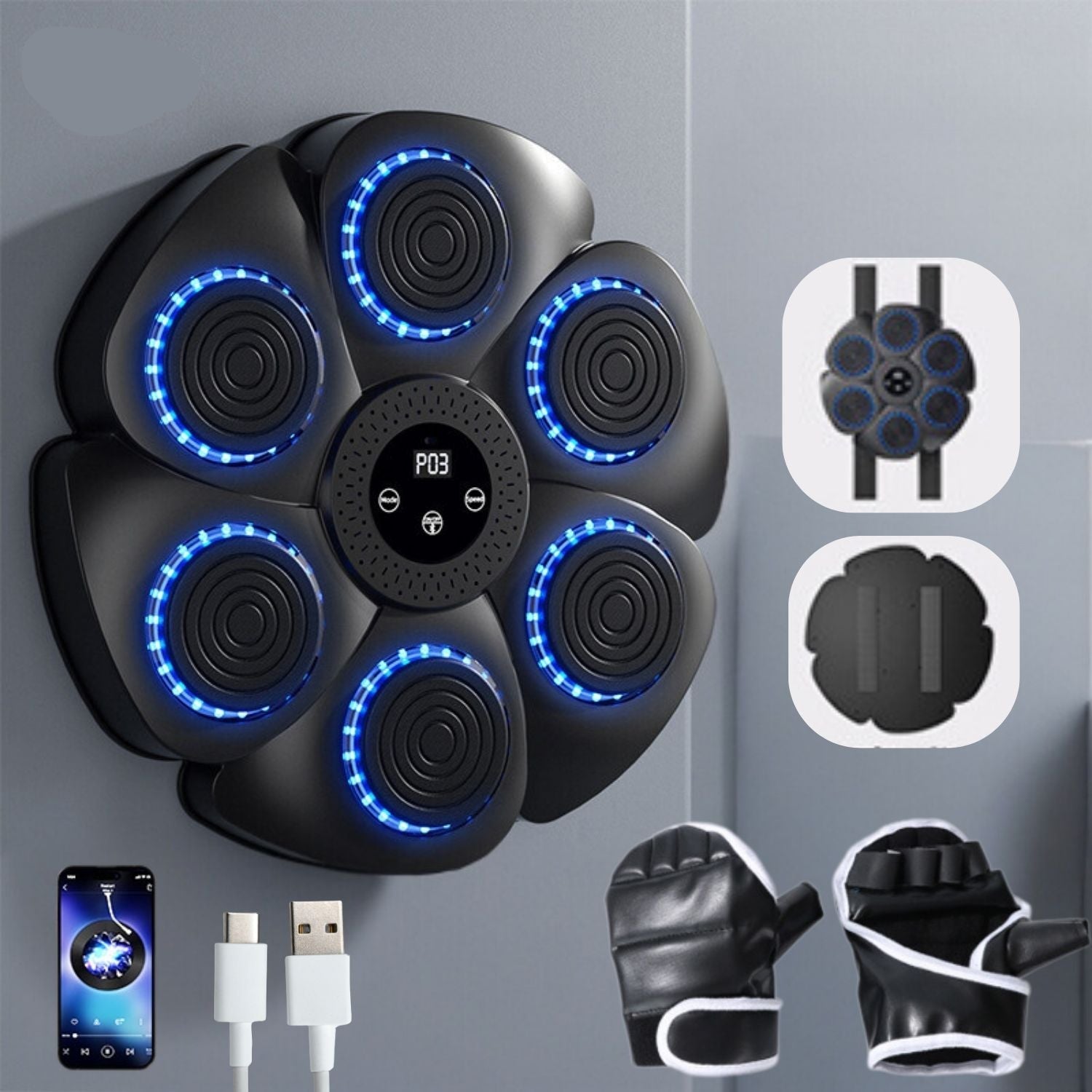 Wall-Mounted Boxing Trainer - RGB Lighting - Bluetooth - Punch Counter - USB - Black & White | meowbutter