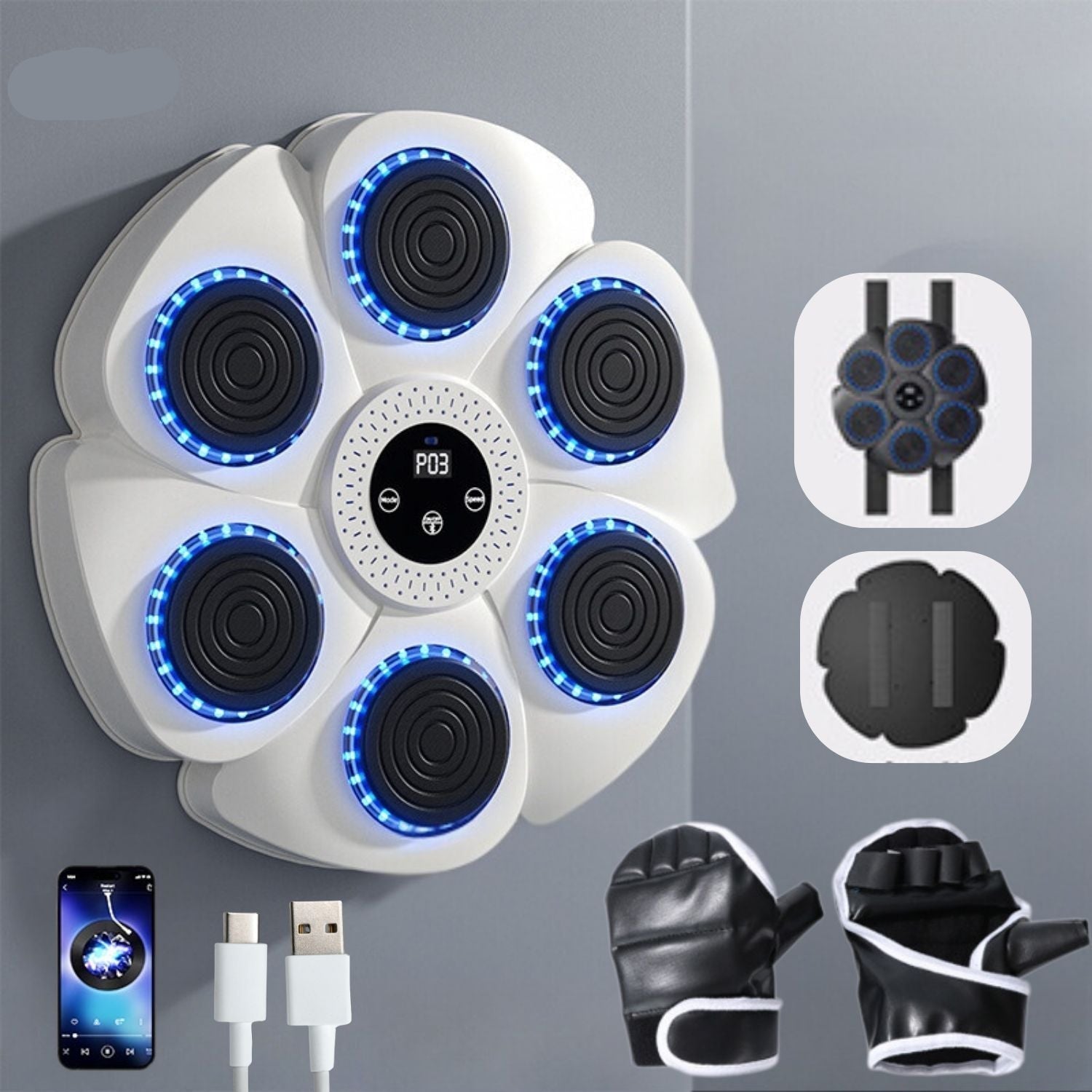 Wall-Mounted Boxing Trainer - RGB Lighting - Bluetooth - Punch Counter - USB - Black & White | meowbutter