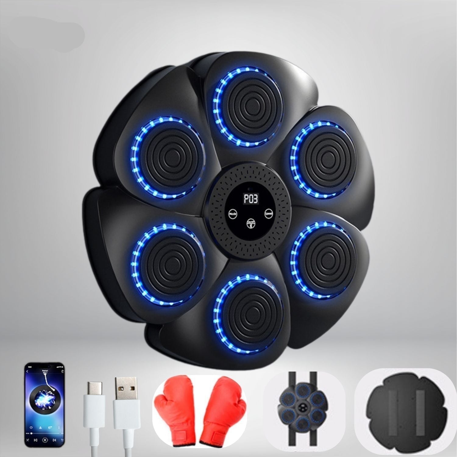 Wall-Mounted Boxing Trainer - RGB Lighting - Bluetooth - Punch Counter - USB - Black & White | meowbutter