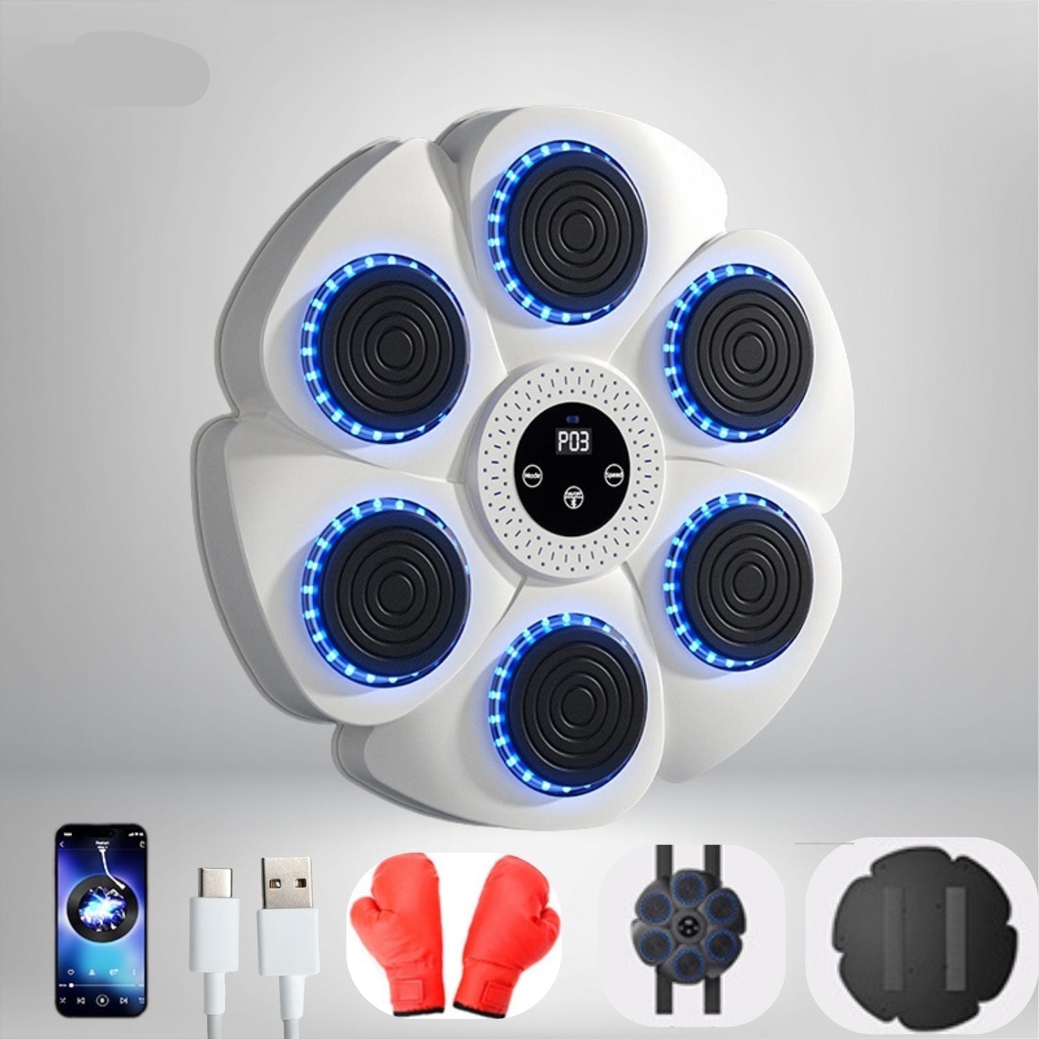 Wall-Mounted Boxing Trainer - RGB Lighting - Bluetooth - Punch Counter - USB - Black & White | meowbutter