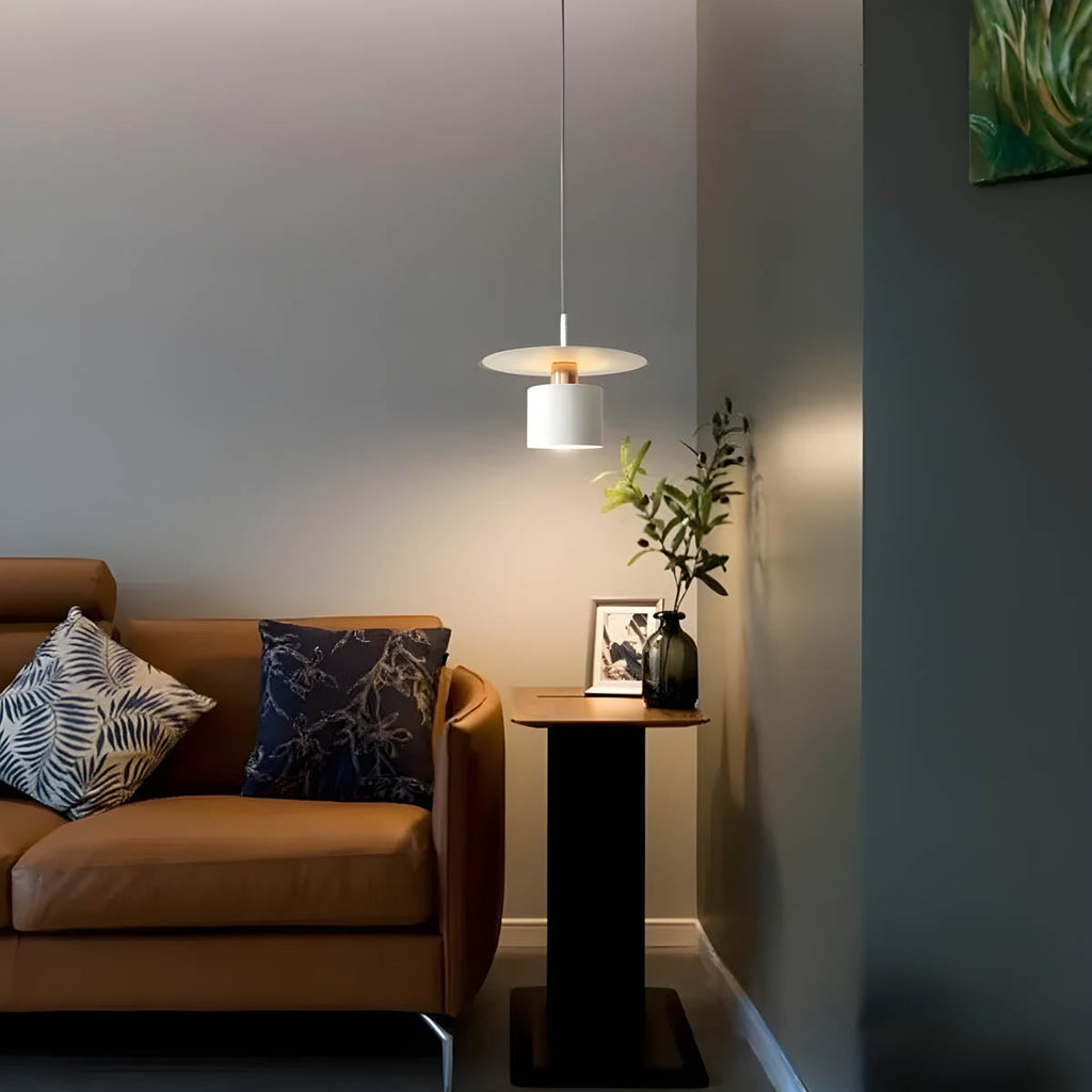 Modern Minimalist Pendant Ceiling Light — Cylindrical Frame, Floating Disc Diffuser