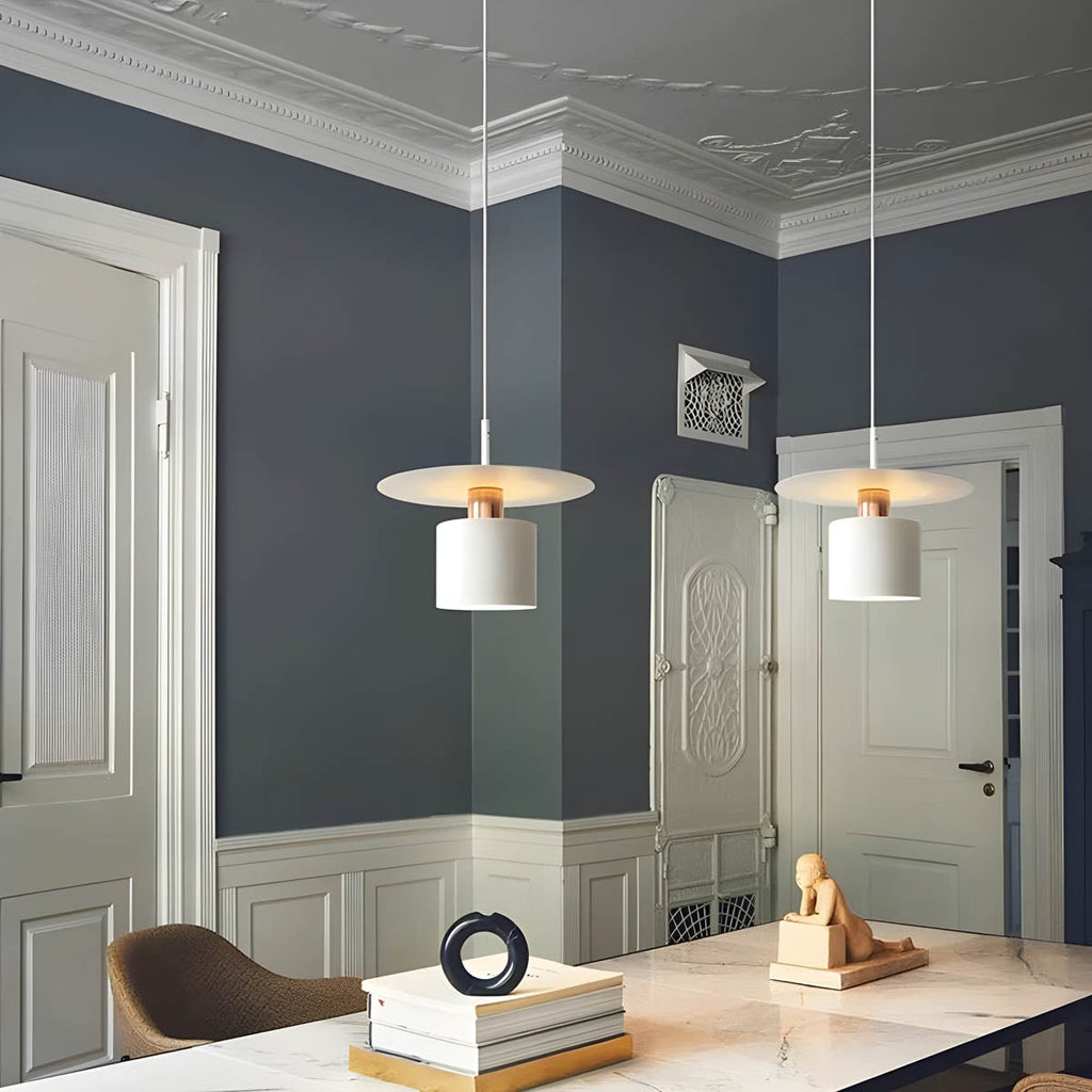 Modern Minimalist Pendant Ceiling Light — Cylindrical Frame, Floating Disc Diffuser