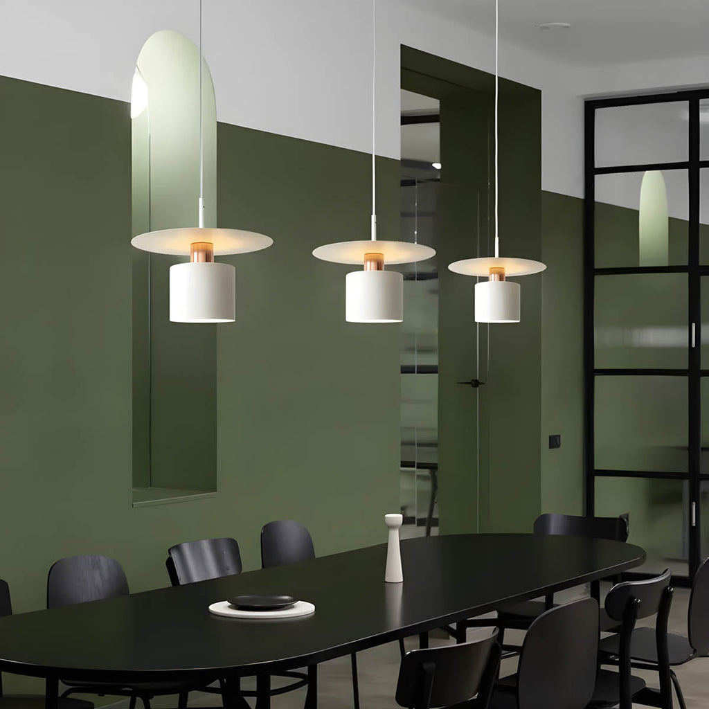 Modern Minimalist Pendant Ceiling Light — Cylindrical Frame, Floating Disc Diffuser