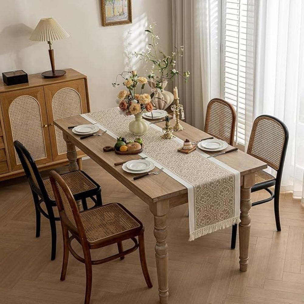 Elegant Floral Jacquard Table Runner In Earthy Tones