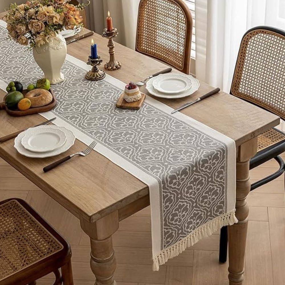 Elegant Floral Jacquard Table Runner In Earthy Tones