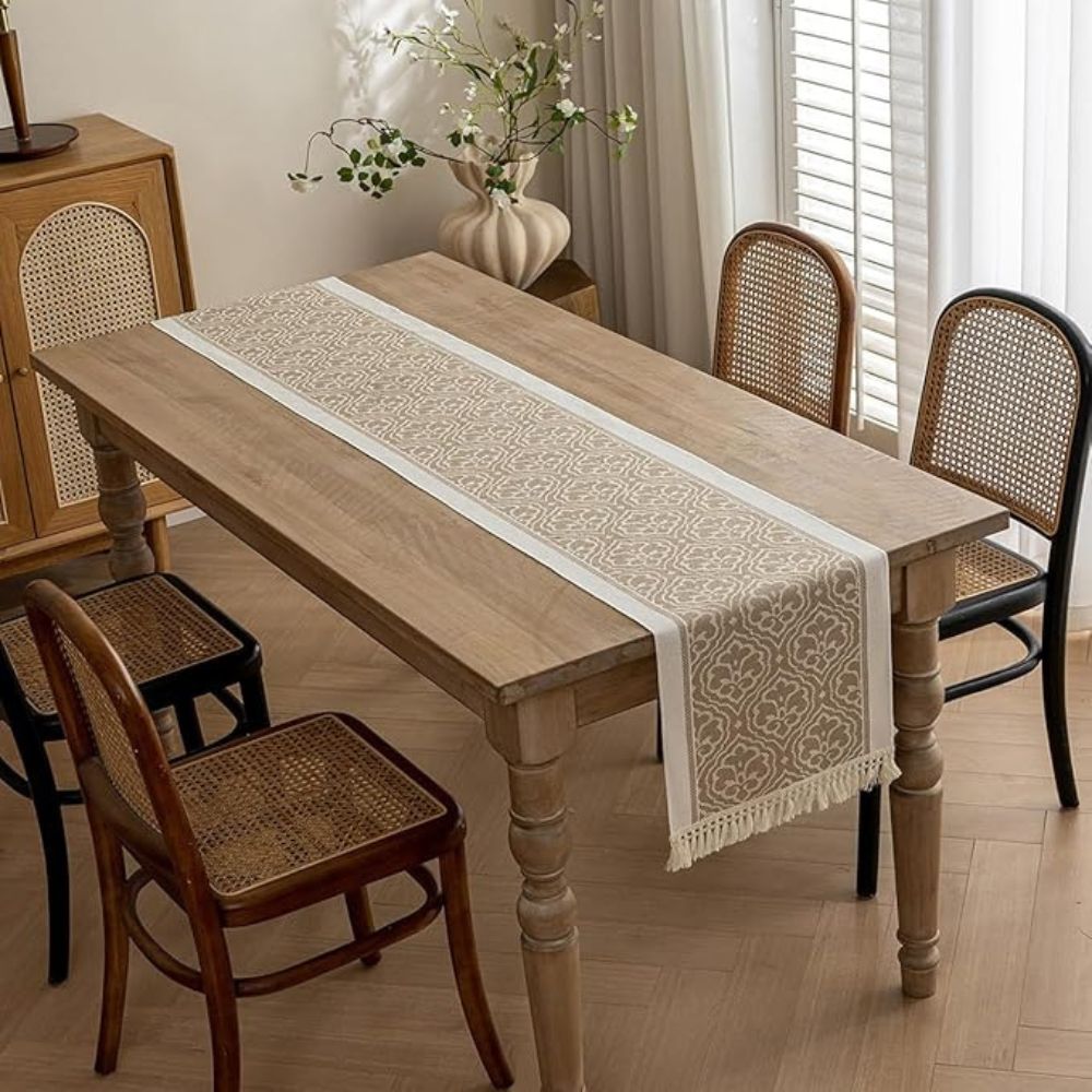 Elegant Floral Jacquard Table Runner In Earthy Tones