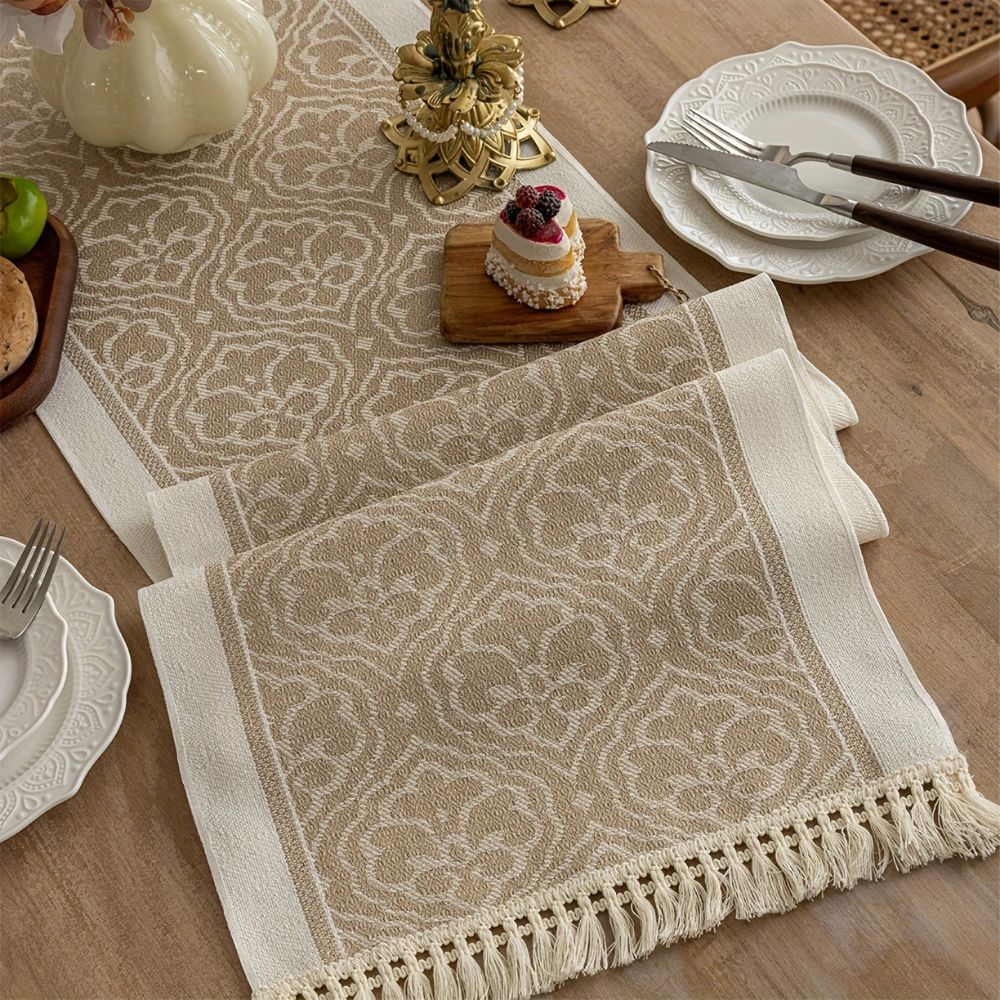 Elegant Floral Jacquard Table Runner In Earthy Tones