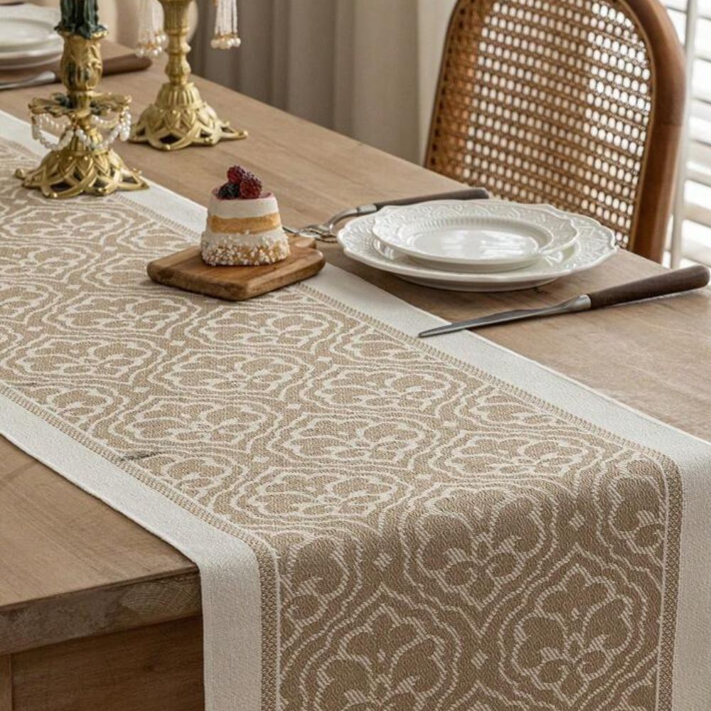 Elegant Floral Jacquard Table Runner In Earthy Tones